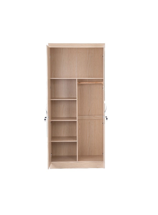 Multi Home Furniture 2 Door Wooden Wardrobe 7721 Oak with Mirror | Modern Storage Almirah with Lock & Handles | Bedroom Clothes Cabinet – Light Oak Finish - Image 4